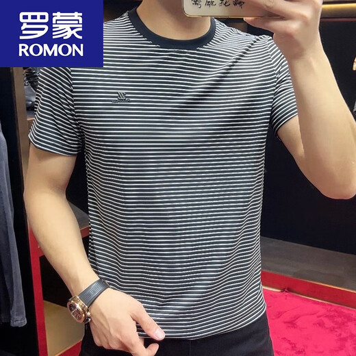 罗蒙（ROMON）2025年夏季新品圆领条纹短袖男士T恤休闲半袖修身打底衫运动t恤潮 9901黑色 M 建议90-115斤