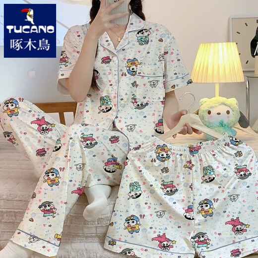 Woodpecker Japanese ins Xiaoxin pajamas for women in summer short-sleeved pure cotton three-piece set 2025 new cute student home clothes #FS-three-piece set 14135 L [95-112Jin[Jin equals 0.5 kg]]
