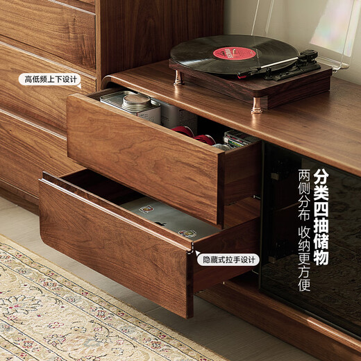 Zhidian Massivholz-TV-Schrank, bodenstehend, nordamerikanisches schwarzes Walnussholz, italienisches leichtes Luxus-High-End-Villa-Standmodell mit Glastür-Unterschrank, 2,15 Meter TV-Schrank YYGMC675, Walnuss