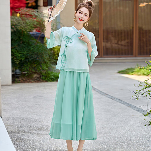 Robe de marque de luxe légère ehangy pour les femmes 2025 Été Nouveau style chinois à la mode et polyvalent robe en deux pièces Green M