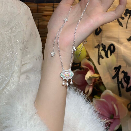 VTLS999 sterling silver necklace women's foot silver safety lock enamel pendant Christmas and Valentine's Day gift for girlfriend S999 sterling silver necklace bow gift box + engraving