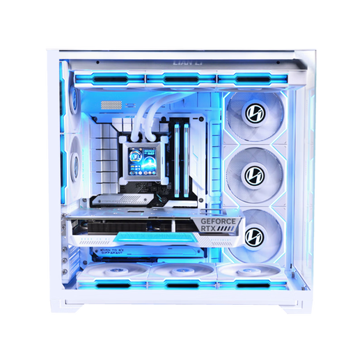 LIANLI Bauhaus O11 Vision Boîtier compact avec vue sur la mer pour ordinateur de jeu sans colonne, boîtier de bureau en verre à trois faces/refroidissement par eau à 360 degrés, version exquise blanc + écran secondaire + ventilateur sans fil de quatrième génération 5 avant et 3 arrière + émetteur