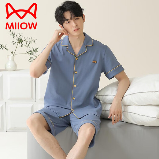 猫人（MiiOW）睡衣男士夏季纯棉短袖短裤开衫薄款大码纯色休闲家居服套装 逐月蓝12803【100纯棉】 3XL 【建议160-180斤穿】