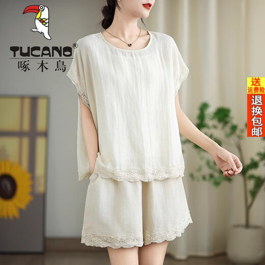 Woodpecker Official 2025 Coton d'été et bornes Un ensemble complet de matériaux de chanvre haut de gamme Set Shorts décontractés à manches courtes et à manches courtes Costume en deux pièces Suggestion: 80100jin [Jin est égal à 0,5 kg]