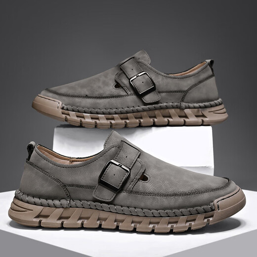 Doudou Men's Shoes 2025 Summer Nuevos zapatos de cuero de cuero de cuero genuino para hombres Huecos Huecos transpirables delgados zapatos de trabajo al aire libre Caki [Cuero de microfibra A679] 40