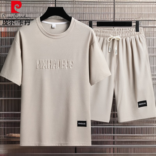 Pier Cardin men's complete set of summer short-sleeved T-shirts for men's teenagers' thin sports and casual loose trend suit (set) 829 brown L (recommended 120-140Jin [Jin equals 0.5 kg])