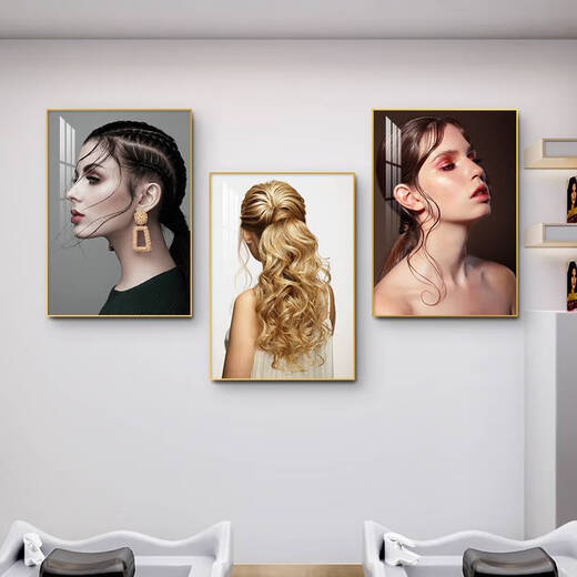咏幻美发店装饰画理发店墙面壁画网红发型创意挂画酒吧发廊背景墙海报 9215 70*100典雅金框油画布画面NX布