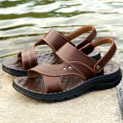 Yierkang Prince Sandals Sandales Men's Sole Sole Véritine Cuir Casual Beach Chaussures Les hommes portent des sandales de papa à double usage non glissées Men 12129 Yellow-Brown 38