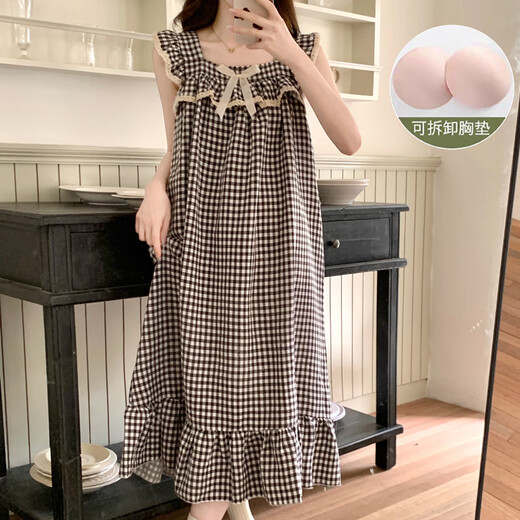Modal pajamas with breast pad for women in summer 2025 new suspender sweet princess home clothing set for outdoor wear in summer 449_9905# small flying sleeve skirt black and white plaid with breast pad M