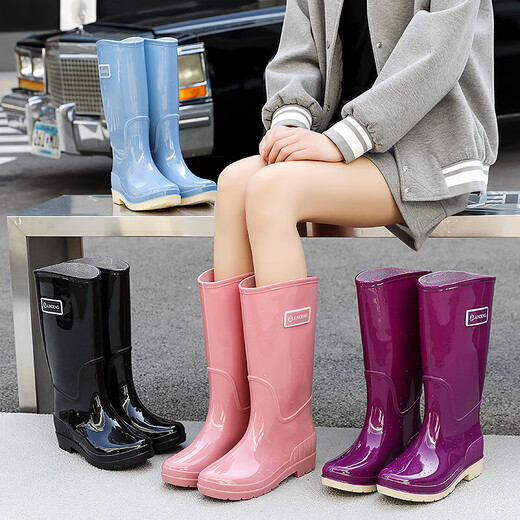 Frauen neue Mode hohe Röhre verdickte lange Röhrchen Anti-Rutsch-Wasserschuhe für Frauenküchenarbeit sowie samtige Warmregenstiefel [JD312 High Tube] Blue 37-38