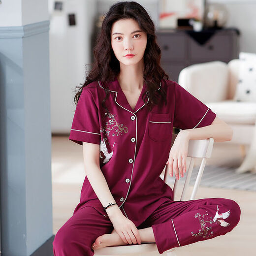 Fhhuabd mittleren Alters Pyjamas für Frauen im Sommer im Sommer reines Baumwoll-Kurzärmel-Hosen Strickjacken Blumenmutter Stil Lose mittleren und älteren Heimkleidung Q9928# M (80-105jin [Jin gleich 0,5 kg] Verschleiß)