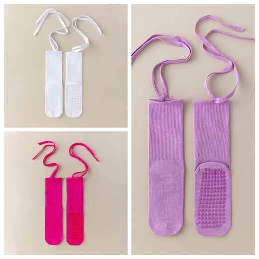 Anti-slip cross strap yoga socks with sole glue, Pilates dance dopamine sports wear mid-length socks, white + rose red + purple, 3 pairs