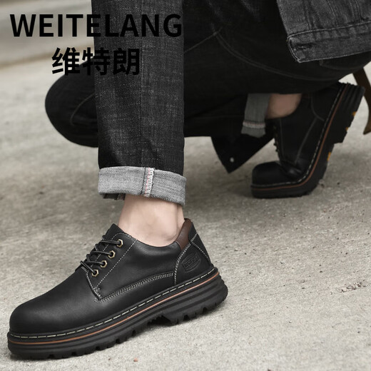 WEITELANG维特朗46大码45男鞋复古大头皮鞋英伦休闲增高工装鞋马丁靴男低帮鞋 9711黑色· 45