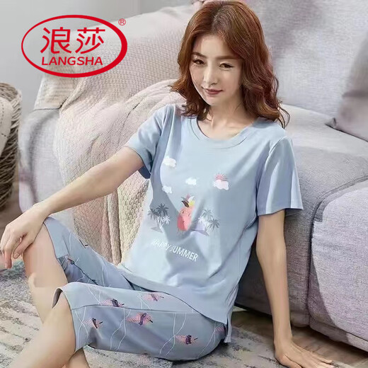 浪莎（LangSha）纯棉睡衣女七分裤夏季套短袖七分裤套装休闲春夏可外穿家居服 短袖七分裤：6624 M 建议70-95斤穿