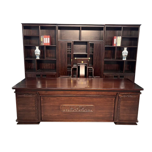 All solid wood desk and bookcase combination rosewood executive desk new Chinese style boss desk and chair office furniture desk black gold 2 meter desk