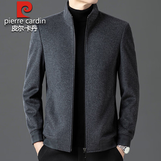 Pierre Cardin 100% Wool Stand Collar Jacket Men's Autumn and Winter New High-end Large Size Stand Collar Woolen Jacket Casual Coat Gray 100% Pure Wool XL 180 Recommended 135-150 Jin Jin equals 0.5 kg