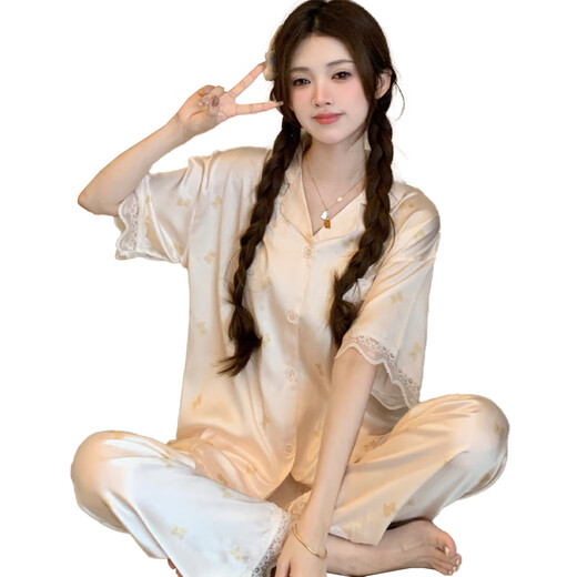 Cailei Kelai Pajamas de seda de hielo transfronterizo para mujeres Lindo estilo Summer NUEVO AL TITO DE NUEVO ALTO PITOS DE MANECHA CONTRA CONTRO CARA CASA SET YFY9905# M [sugerido 80-100Jin [Jin equivale a 0.5 kg]]