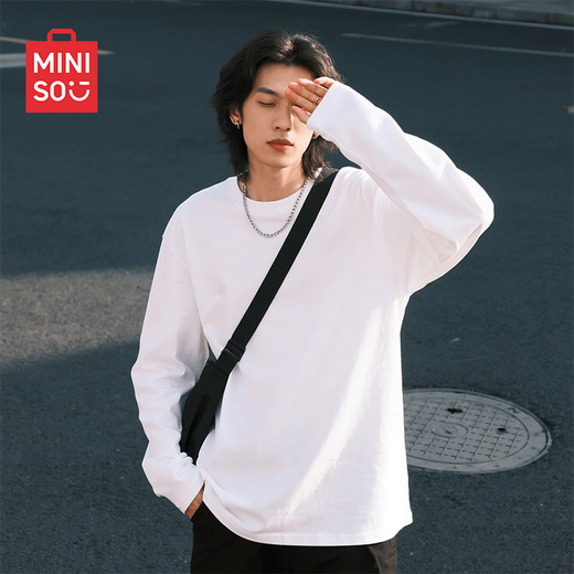 Miniso pure cotton long-sleeved T-shirt men's spring and autumn solid color round neck inner wear loose casual bottoming shirt white XL