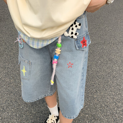 Originale waschbare und abgenutzte Jeans für Frauen im sommerlichen dünnen Stil, vielseitige lose Stern-Print-Shorts mit weitem Bein, blaue Hosen, m