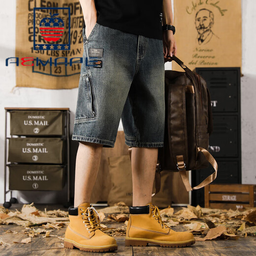 Aemape Apple Casual Lose Retro Multipocket Denim Shorts Herren 5-Punkte-Sommer-Dünnkühle Fünf-Punkte-Hosen großer Größe 9926 Blau 28 Geeignet für 90-105 Jin [Jin entspricht 0,5 kg]