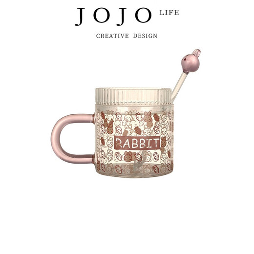 JOJO'SLIFEPDJOJOSL.PD.Snow.玻璃杯可爱日式高颜值玻璃带盖咖啡杯雪讨 N7027粉兔似锦