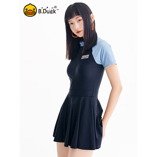 B.Duck新品泳衣女显瘦遮肚连体裙式长袖新款感保守防晒学生游泳衣 1049蓝色 2XL