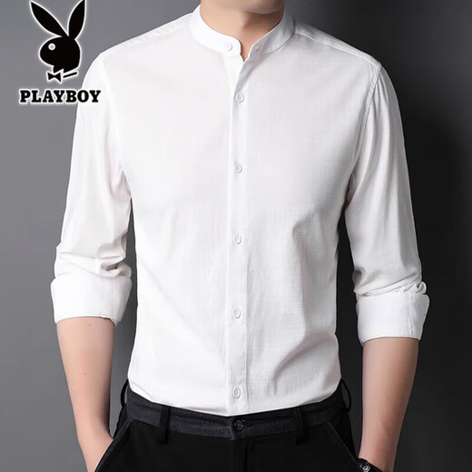 
Playboy solid color stand collar mercerated cotton shirt men's 2025 spring and autumn long-sleeved shirt casual inner Chinese collar inch shirt thin 9930 style rose red XL 180