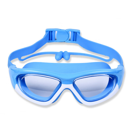 He Jiagong children's swimming goggles waterproof and anti-fog high-definition large frame boys' diving equipment girls' swimming goggles and swimming cap set 80 square meters white lake blue swimming goggles + PU swimming cap + nose clip earplugs