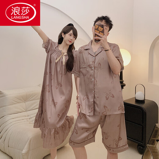 LangSha couple's pajamas summer silk ice-sensing short-sleeved nightgown for women's French thin style for men's home clothes TER-13077# coffee-colored skirt M women + men's L