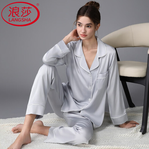浪莎（LangSha）轻奢冰感女款睡衣冰长袖家居服女春秋款夏季新款真丝薄款 松绿3899 L (体重100斤到115斤)