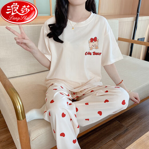 浪莎女士睡衣夏季纯棉2025年新款简约短袖长裤卡通家居服套装春秋外穿 6625红心熊 L