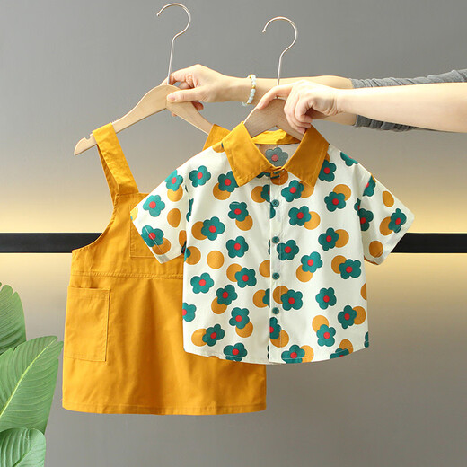 Burwilde international brand children's summer clothing suit 2025 new boys and girls brother and sister clothing Hong Kong style shirt suspender skirt two boys suit (gift box) 150 cm