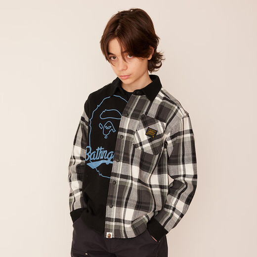 BAPE children's clothing autumn and winter ape letter embroidery plaid stitching long-sleeved shirt jacket 340006L red RDX 140cm one size