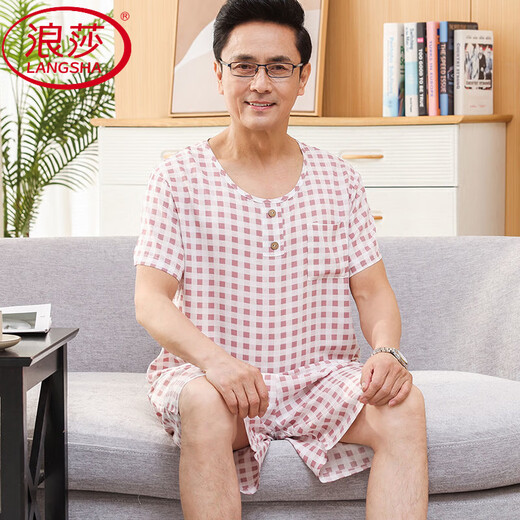 浪莎（LangSha）中老年人爸爸睡衣男士夏季棉绸短袖短裤薄款莫代尔冰丝家居服套装 2694 2XL