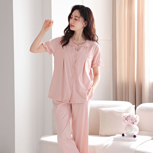 MUJI COM无印muji带胸垫睡衣女夏天凉感纯棉短袖长裤可外穿一体式防凹点家 Z693柔粉带胸垫 M 建议80-105斤