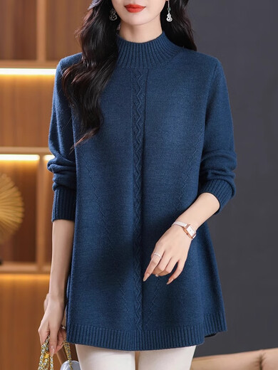 QIAFAN large size women's half turtleneck sweater thickened autumn and winter mid-length high-end temperament age-reducing knitted base shirt inner wear Purple M