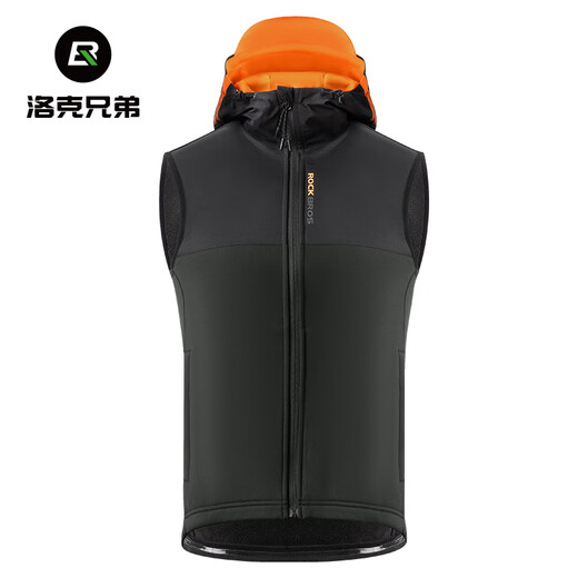 ROCKBROS Warm Cycling Vest Hooded Winter Windproof Fleece Men's and Women's Road Mountain Bike Wear Vest Black Orange 3XL