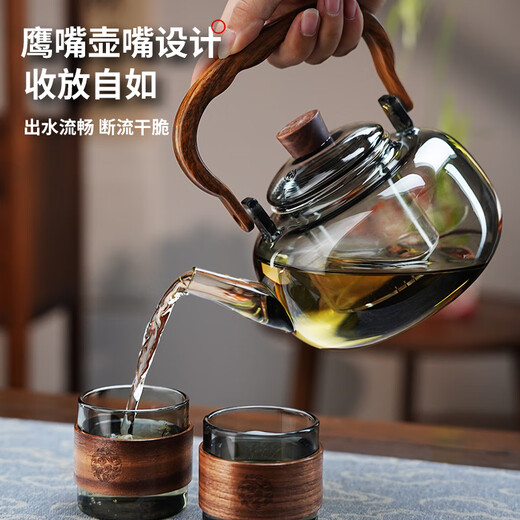 Full glass teapot, thickened kettle, glass teapot, large capacity lifting beam teapot, health pot, teapot, wooden shadow teapot