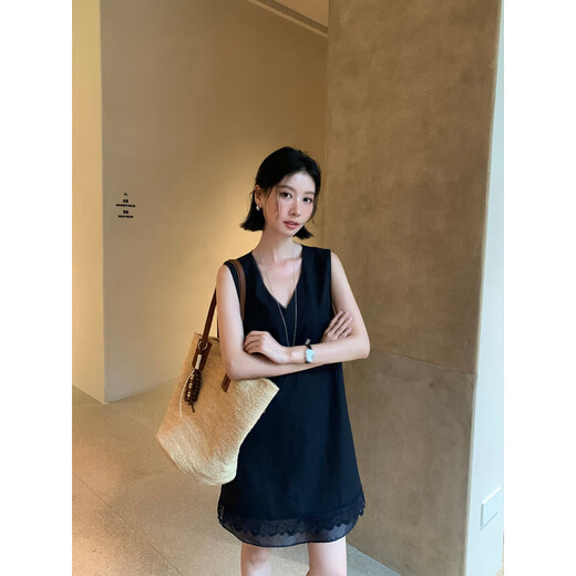 里外2025夏季韩系V领下摆蕾丝拼接欧根纱无袖连衣裙女15052 白色 M