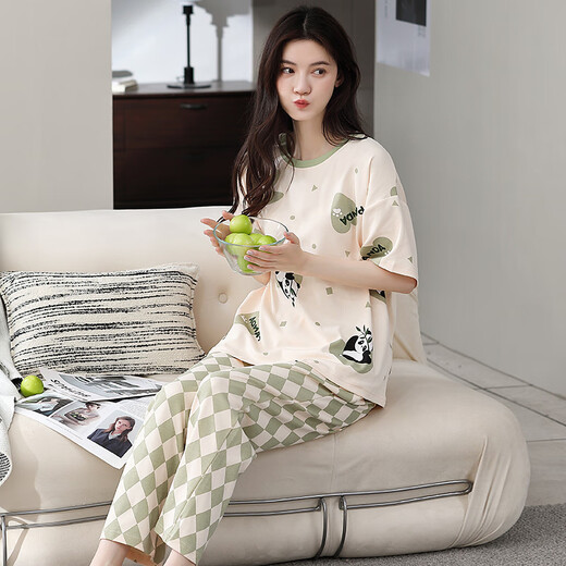 Katzenmann 100% reine Baumwollpyjamas für Frauen im Sommer kurzärmelige Hosen lässig losen Frauen-Heimkleidung groß ist außerhalb von Anzug 673 Aprikose M [Empfohlen 80-100jin [Jin ist gleich 0,5 kg]]