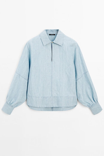 Massimo Dutti Discount Upgrade 2026 Women's Minimalist Casual Versatile Style Loose Denim Blouse Shirt 05115800 Light Blue S (170/88A)