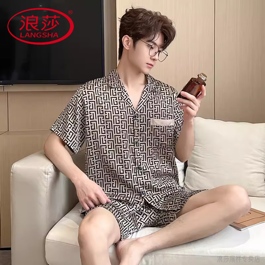 Langsha (Langsha) Leichte Luxus-High-End-Pyjamas für Männer im Sommer-Eis Seide Dünne einfache Kurzarmshorts Real Seide Satin großer Home-Kleidung 3899 Brown L (Gewicht 100 bis 139)
