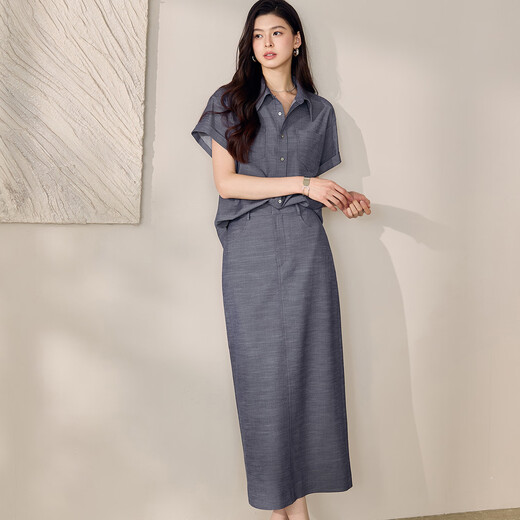 ROEYSHOUSE LOI casual retro shirt suit 2025 summer new fashion solid color top skirt two-piece set 12398 denim blue M