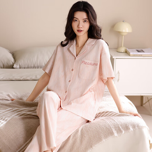 浪莎（LangSha）睡衣女夏季2025新款纯棉短袖三件套可外穿家居服套装 蜜桃粉 3件套 L 建议10-120斤
