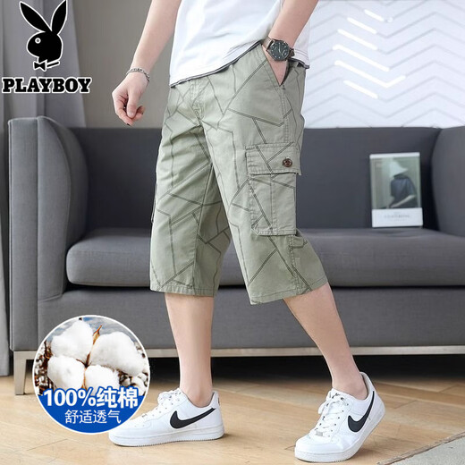 花花公子（PLAYBOY）多口袋装短裤男士夏季薄款宽松直筒半截中裤子潮流休闲七分裤 725黑蓝 4XL