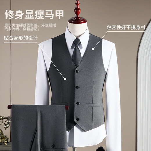 ROMON suit + vest + trousers suit men's slim professional formal dress wool jacket black 2XL