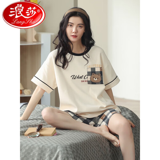 浪莎2025年新款睡衣女夏纯棉短袖短裤春秋款夏天夏款可外穿家居服套装 CKE-6173 M码(80-100斤) 均码
