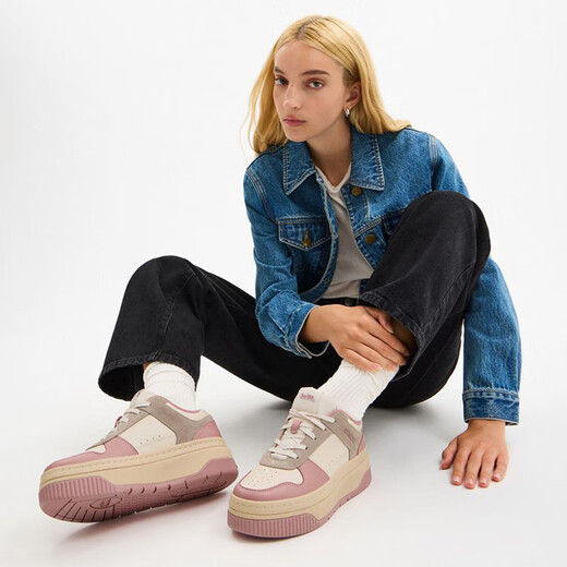 COACH new women's shoes thick-soled sneakers low-cut lace-up contrasting shoes retro versatile casual and comfortable commuting gray pink mixed color 38.5