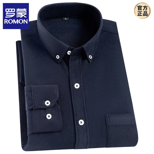 罗蒙（ROMON）2025春秋款男士长袖灯芯绒衬衫男纯色条绒宽松中老年休闲衬衣男 藏青灯芯绒 加绒 口袋无扣 38 【80-105斤】