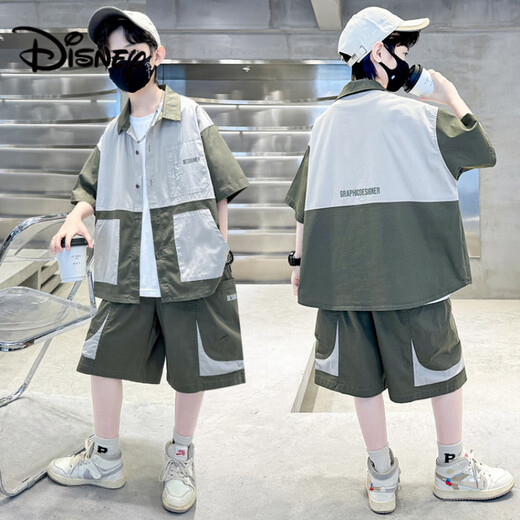 Disney (Disney) Jungen Sommeranzug 2025 Neue mittlere und große Kinder Sommerkurzärmel-Hemd lässig zweiköpfige Jungen Sommerstil Trendy 679 Green 120 cm